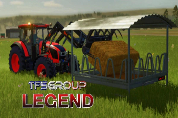 fs25-mods,  FS25 mod RATELIER AGRIMAX v1.0.0.0: Tractor with a front-loader placing hay bale in feeder.