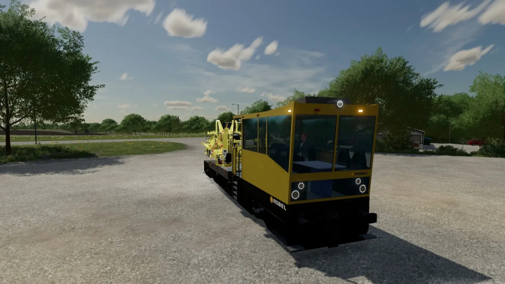 fs22-mods,  Rail Repair Pack FS22 mod featuring a yellow rail vehicle on a sunny day.