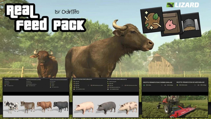 fs25-mods, FS25 Real Feed Pack v1.2.0.0 features livestock and feed options. Includes visuals of cows, pigs, and mixing details.