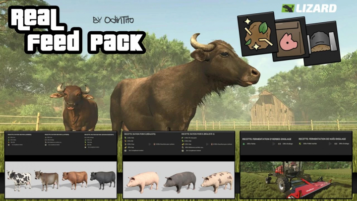 fs25-mods,  Real Feed Pack v1.3.0.0 mod for FS25 showing livestock feed options and machinery in a farm setting.