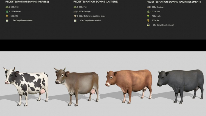 fs25-mods, FS25 Real Feed Pack v2.0.0.0 mod image showing feeding recipes and cow models for Farming Simulator 25.