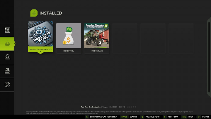 fs25-mods,  FS25 mod menu showing Real Time Synchronization, Money Tool, and Macdon Pack.