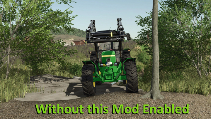 fs25-mods, FS25 mod Remove Frontloader Axle Locking v1.0.0.0 shown disabled, a tractor stands on a road without modifications, surrounded by green trees.