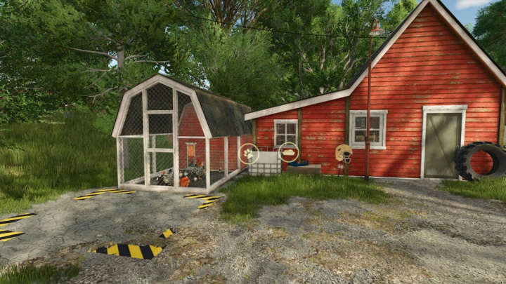 fs25-mods, FS25 mod Riverbend Springs Cannabis Edition v1.1.0.0 features a red barn and fenced coop in a lush, rural setting.