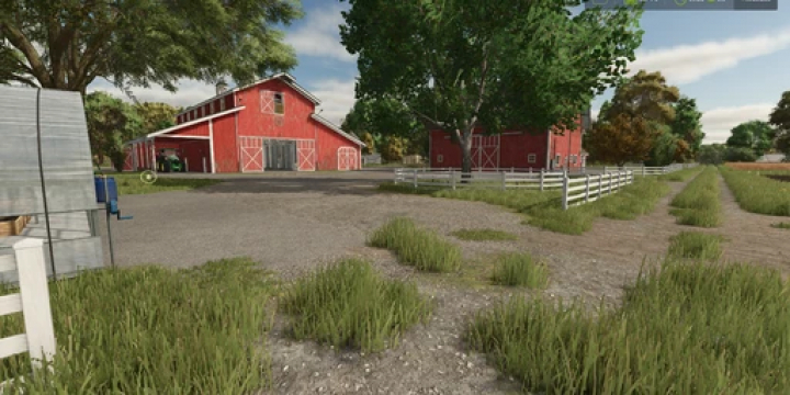 fs25-mods,  Riverbend Springs mod for Farming Simulator 25, featuring a rustic farm with red barns, lush greenery, and white fences. FS25 mods enhance gameplay.