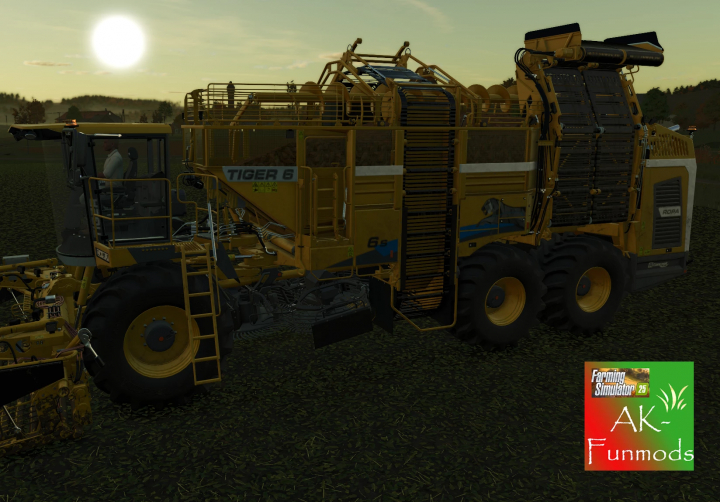 fs25-mods, FS25 mod Ropa Tiger 6S with weight reduction 1.0 showcased in a field during sunset.