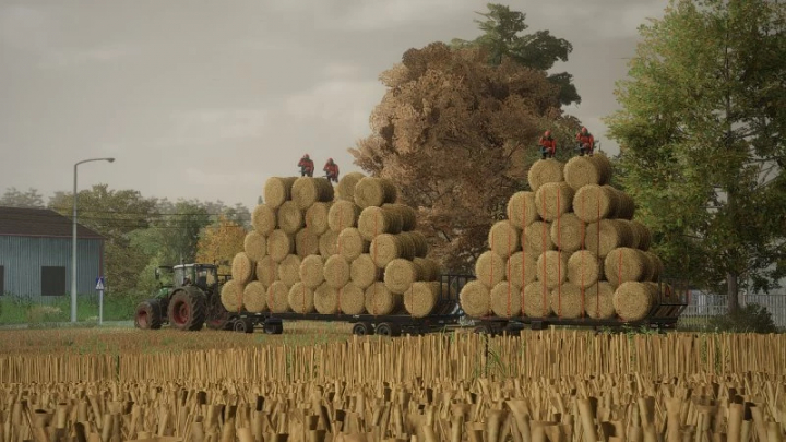 fs22-mods, FS22 mods, Farming Simulator 22: Tractor transports large hay bales. Wrzosow map scenery in Save Live from Wrzosow FS22 mod.