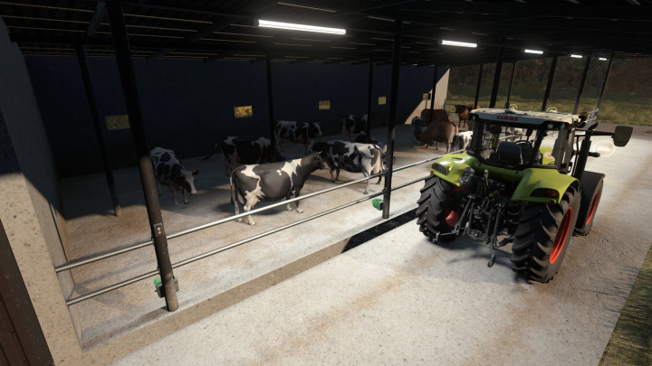 fs25-mods, FS25 mods Shed Cow Barn v1.0.0.0 with cows and a tractor inside a barn.