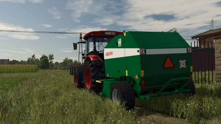 fs25-mods,  Sipma Z279 baler mod in FS25, showcasing a green baler attached to a tractor in a field.