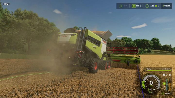 fs25-mods,  FS25 mods: Stop Full Combine v1.0.0.0 in action with combine harvester in a wheat field.