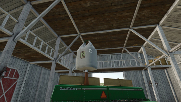 fs25-mods,  FS25 mod Super Strength v1.0.0.0, lifting a large bag above equipment inside a barn.