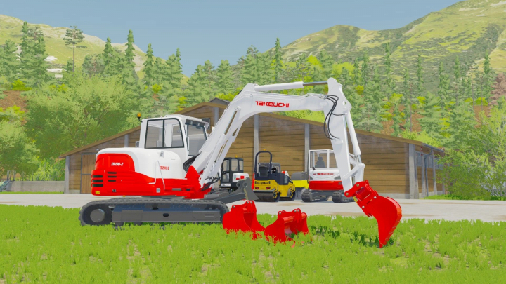 fs25-mods,  Takeuchi TB290-2 excavator mod for FS25, displayed in a scenic farm setting.