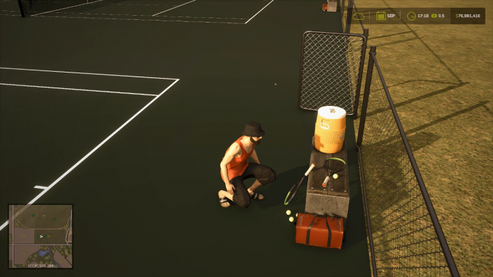 fs25-mods,  FS25 mod Tennis Courts v1.0.0.0 features a player next to tennis equipment on a court. Farming Simulator 25 mods enhance gameplay.