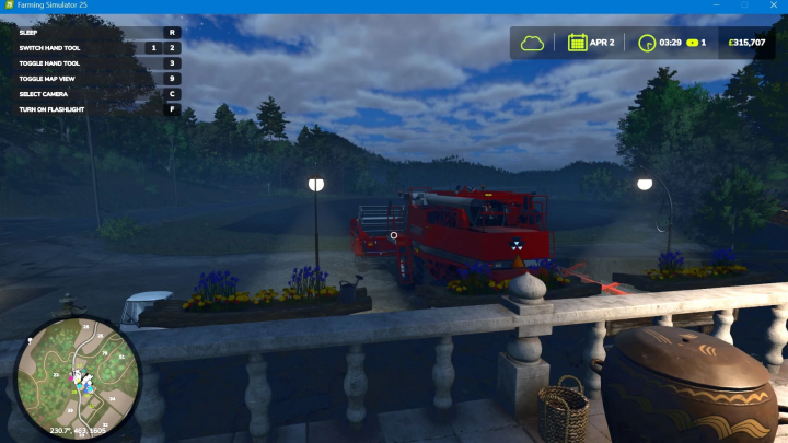 fs25-mods,  FS25 mod TimeKeeper: Real-time gameplay view, red harvester parked, night scene with controls display.