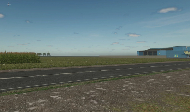 fs25-mods,  US Flatlands Map 4x v1.1.0.0 in FS25 shows a field with a road and a blue warehouse.