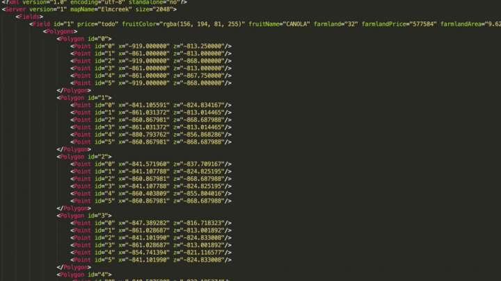 fs25-mods,  XML code for FS25 mod VG Livemap v1.1.0.0 showing field data with coordinates for Elmcreek map.