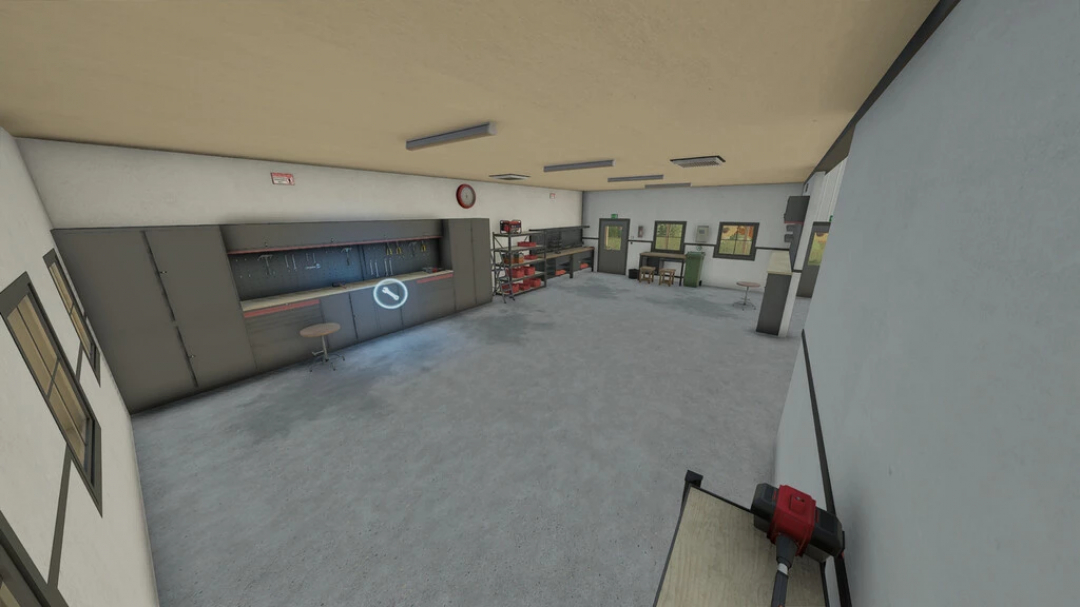 Interior view of 3 Stars Garage in FS22, featuring workbenches and tools for Farming Simulator 22 mods.