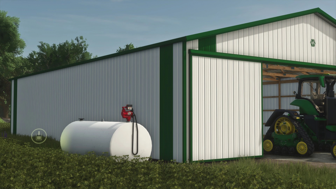 50x72 Morton Shed in FS25 mod with tractor inside and fuel tank outside