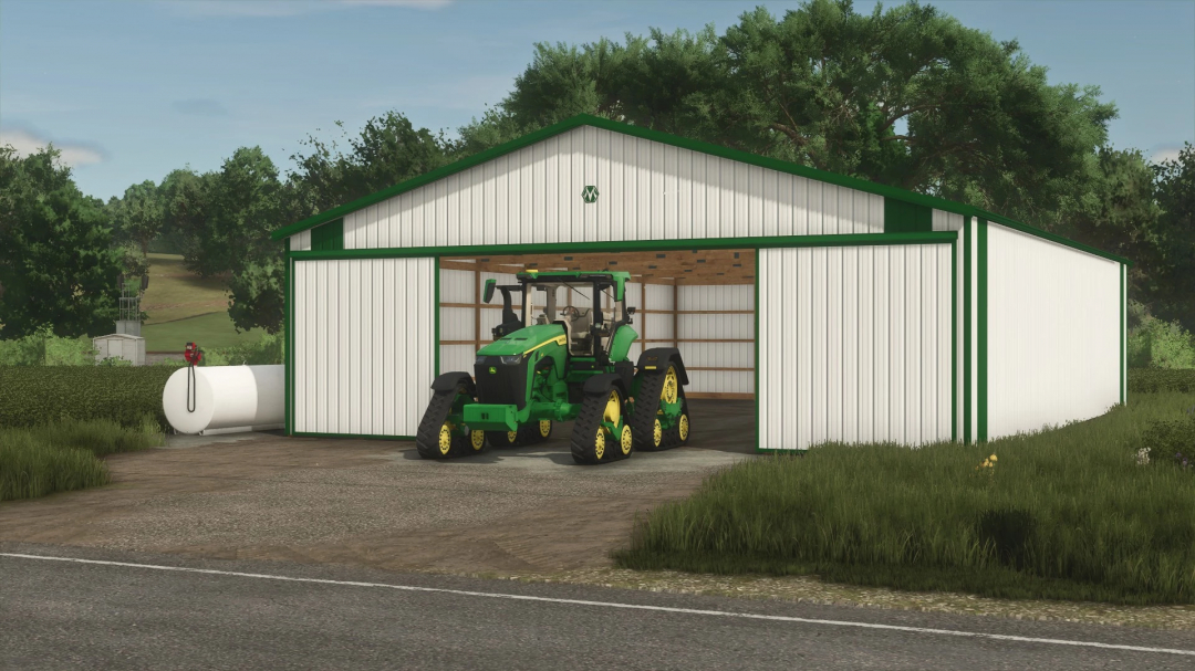 FS25 mod: 50x72 Morton Shed with green tractor inside, emphasizing storage capabilities in Farming Simulator 25.