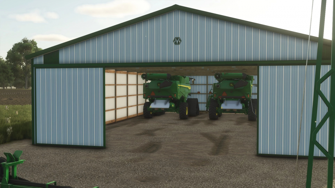 50x72 Morton Shed in FS25 mod with two green harvesters inside