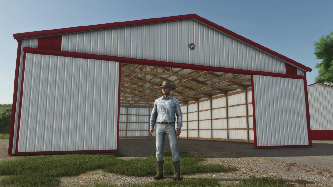 FS25 mod: A farmer stands in front of the 50x72 Morton Shed v1.0.0.0, showcasing its large open structure.