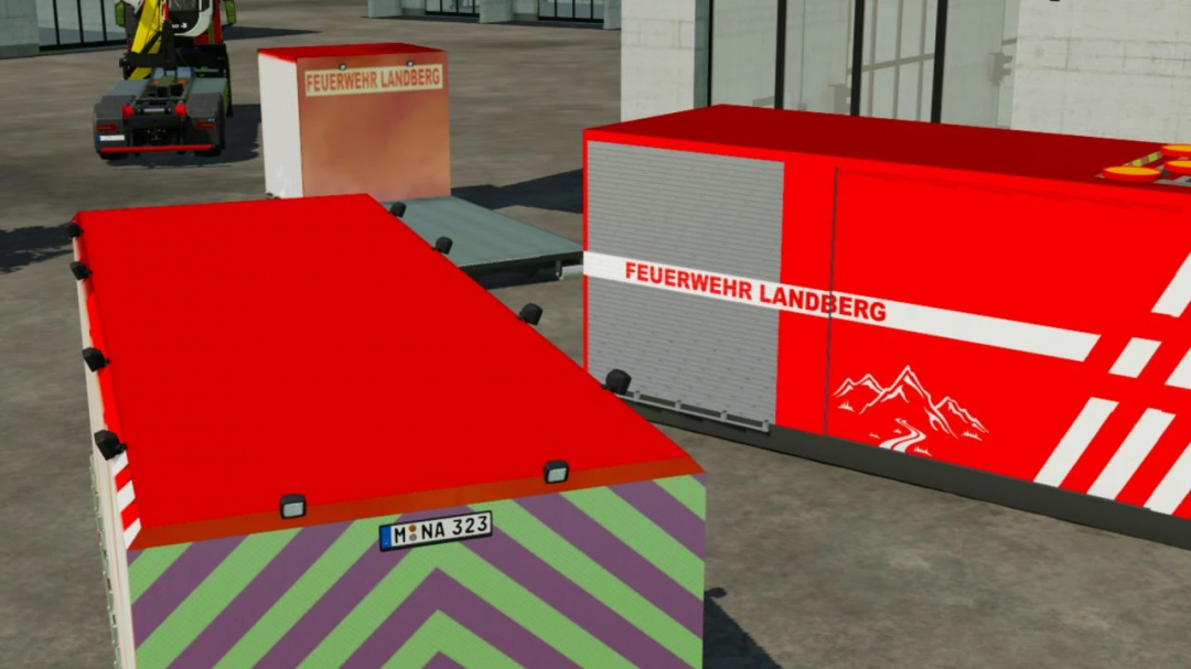 FS22 AB Pack v1.1.0.0 mod image with red firefighting containers labeled 'Feuerwehr Landberg'.