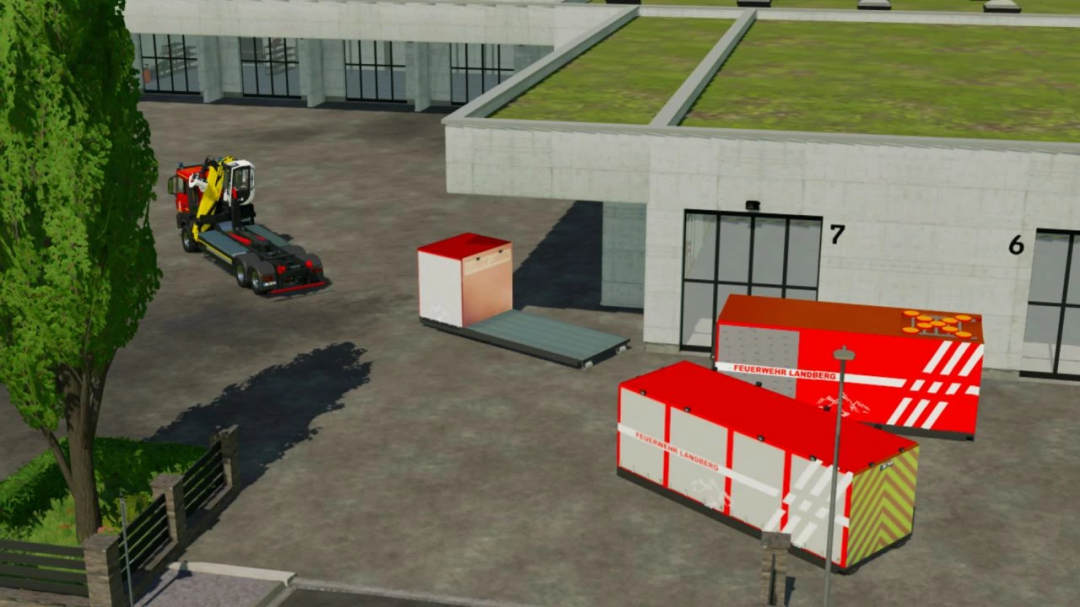 FS22 AB Pack v1.1.0.0 mod showing parking lot with emergency service containers and equipment.