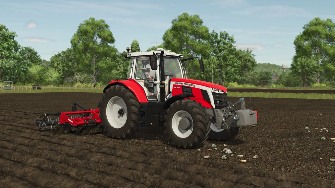 Red tractor with AGCO 850 KG Weight mod in FS25, cultivating a field on a sunny day.