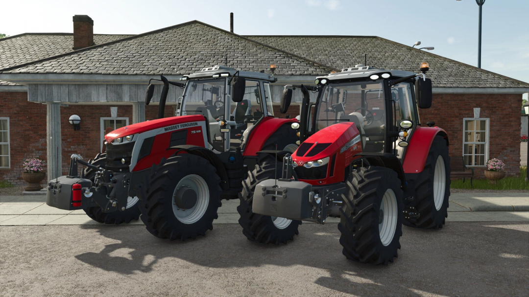 FS25 mods showcase Massey Ferguson tractors with AGCO 850 KG Weight mod in Farming Simulator 25 outside a brick building.