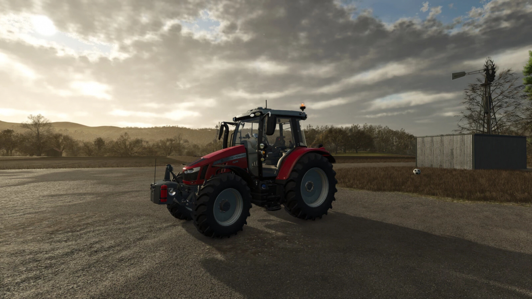 FS25 mod: red tractor with AGCO 850 KG Weight on rural road under cloudy sky