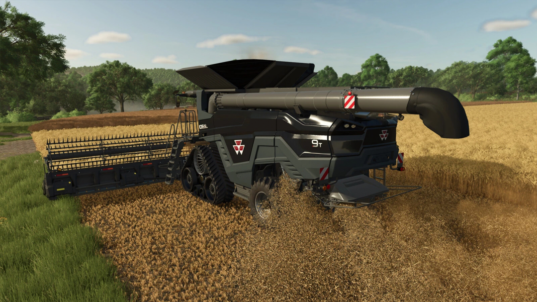 AGCO IDEAL combine harvester in FS25 mod, showcasing harvesting process on a wheat field.