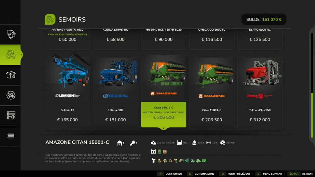 FS25 mods interface displaying various seeders including Amazone Citan 15001C Semi-Direct priced at €206,500.