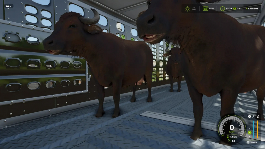 FS25 Animal Transport mod showing cows inside a livestock trailer.