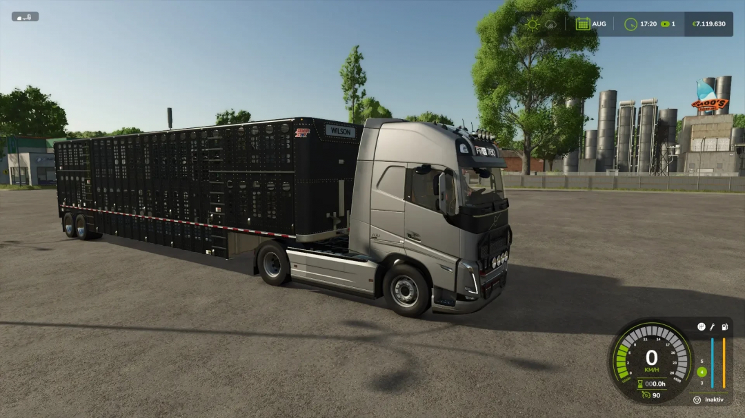 FS25 mod Animal Transport v1.0.0.0 shows a truck with an animal trailer parked on a farm.