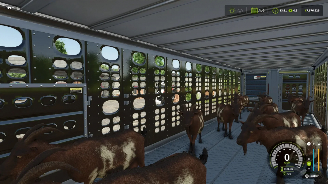 FS25 Animal Transport mod featuring goats inside a trailer, showcasing Farming Simulator 25 gameplay.