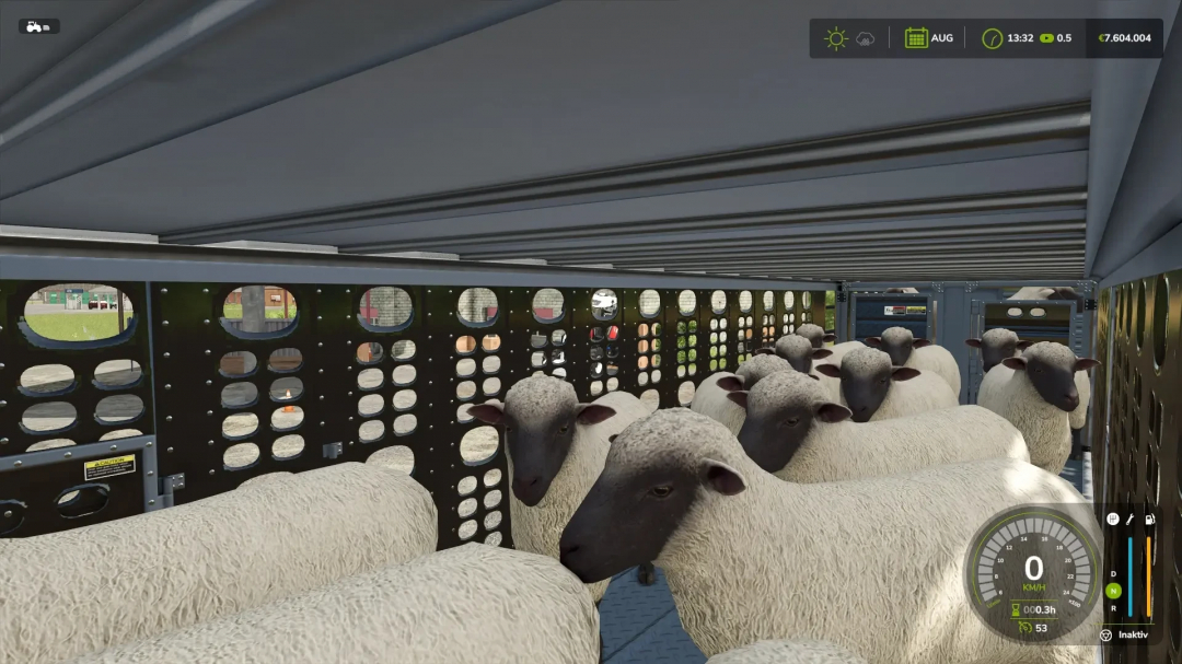 Sheep inside the Animal Transport mod in FS25, showcasing Farming Simulator 25 gameplay.