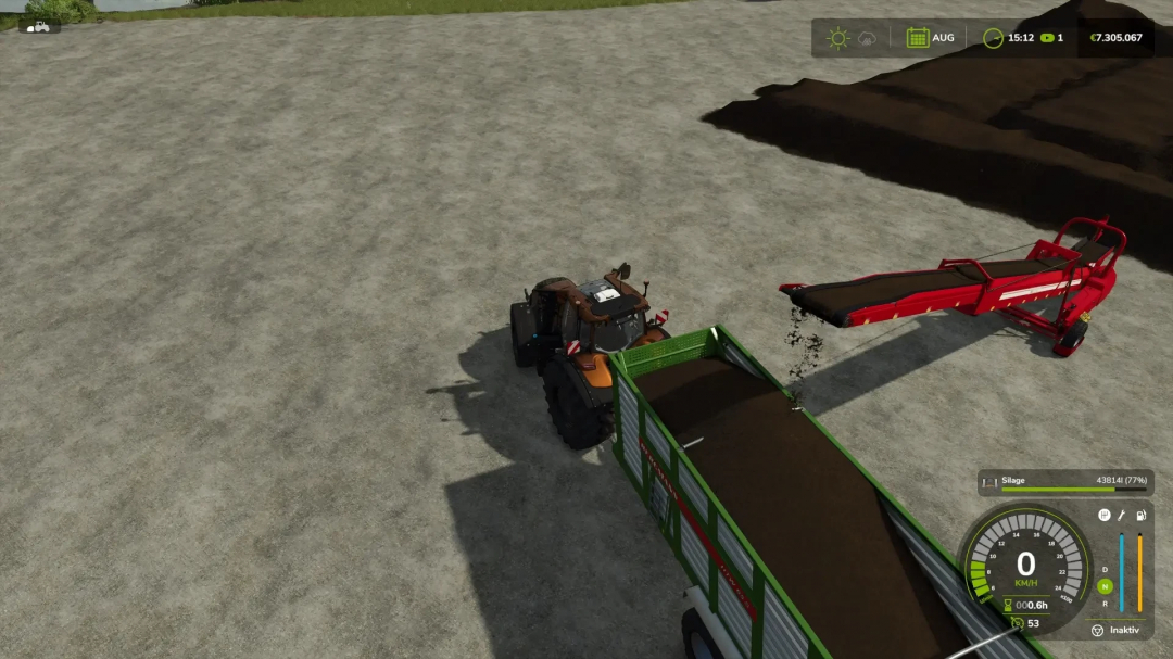 FS25 mod Autoload Conveyor Belt v1.0.2.0 unloading soil into a trailer in Farming Simulator 25.