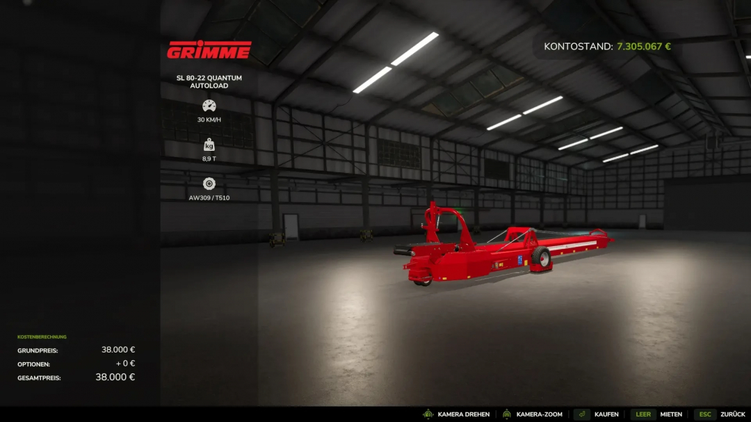 FS25 mod Autoload Conveyor Belt v1.0.2.0, red conveyor displayed in virtual warehouse.