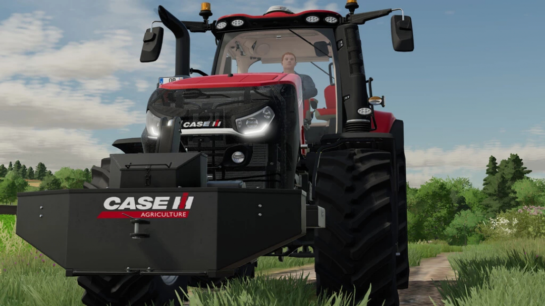 FS22 mods: A red tractor with Avers-Agro Weight Pack on a farm road in Farming Simulator 22.