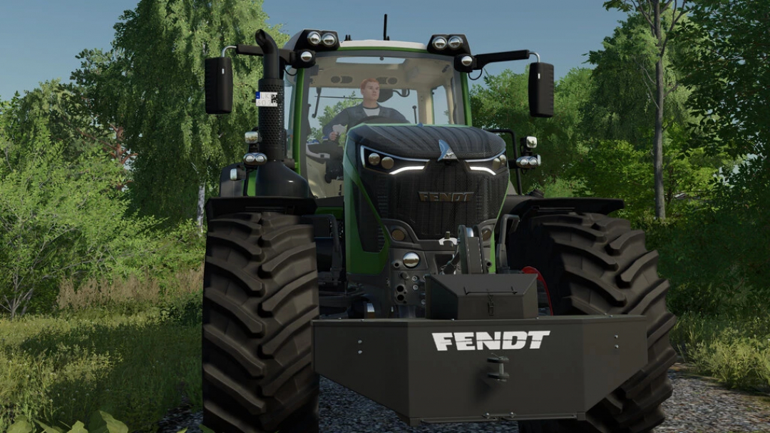 Fendt tractor with Avers-Agro Weight Pack in FS22 mod on a farm track, surrounded by lush greenery.