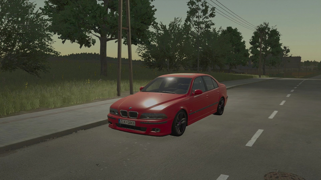 Red BMW E39 mod in Farming Simulator 25 parked on roadside.