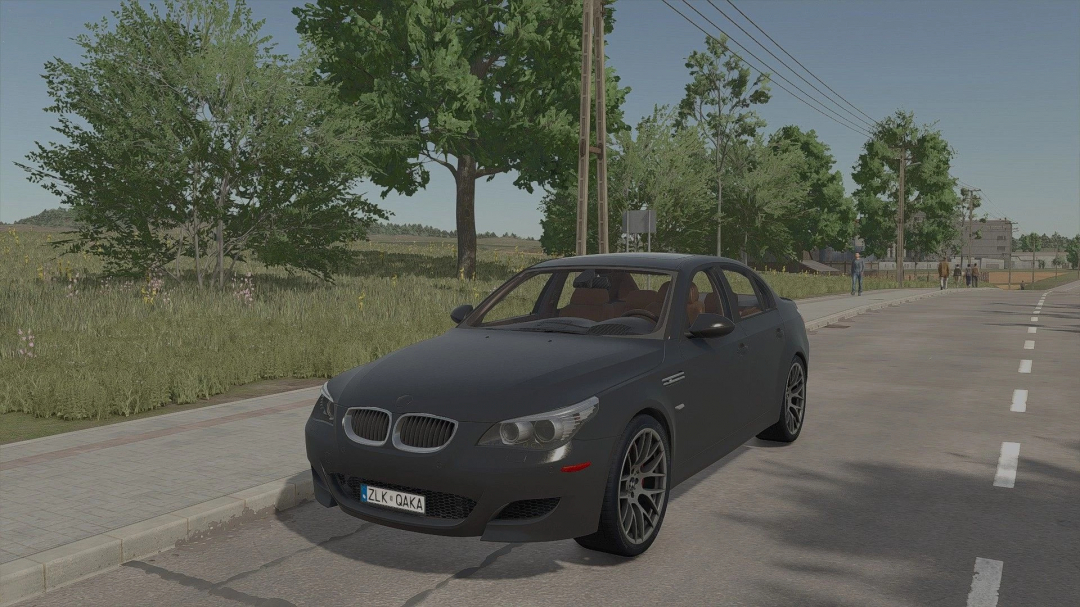 BMW E60 mod in Farming Simulator 25 shown on a rural road. FS25 mods enrich gameplay with realistic vehicles.