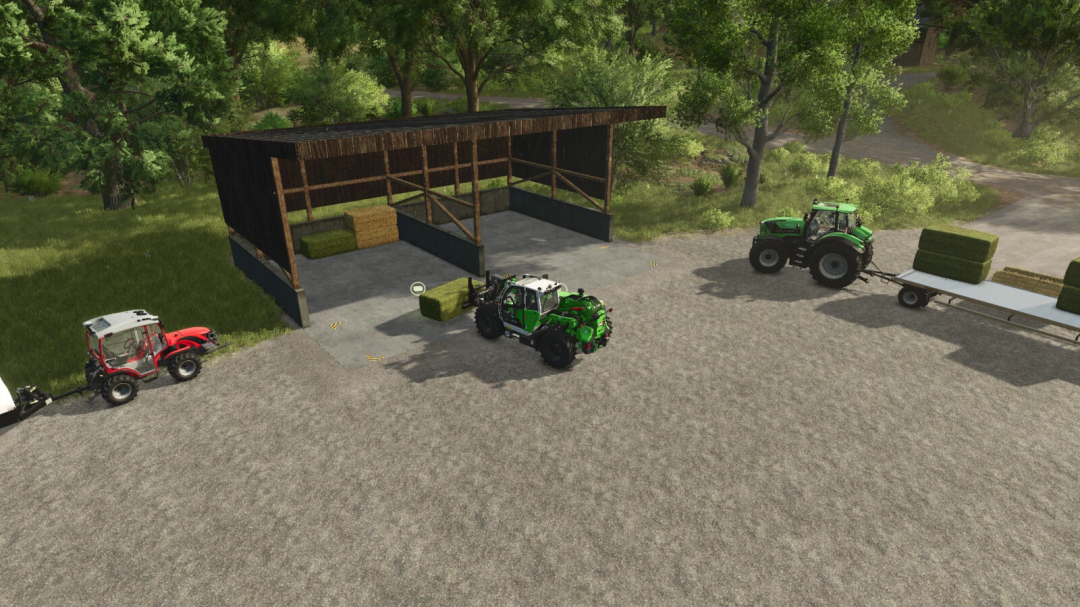 FS25 mods image showing tractors and bale storage. Farming Simulator 25 mod Bale Storage v1.0.0.0.