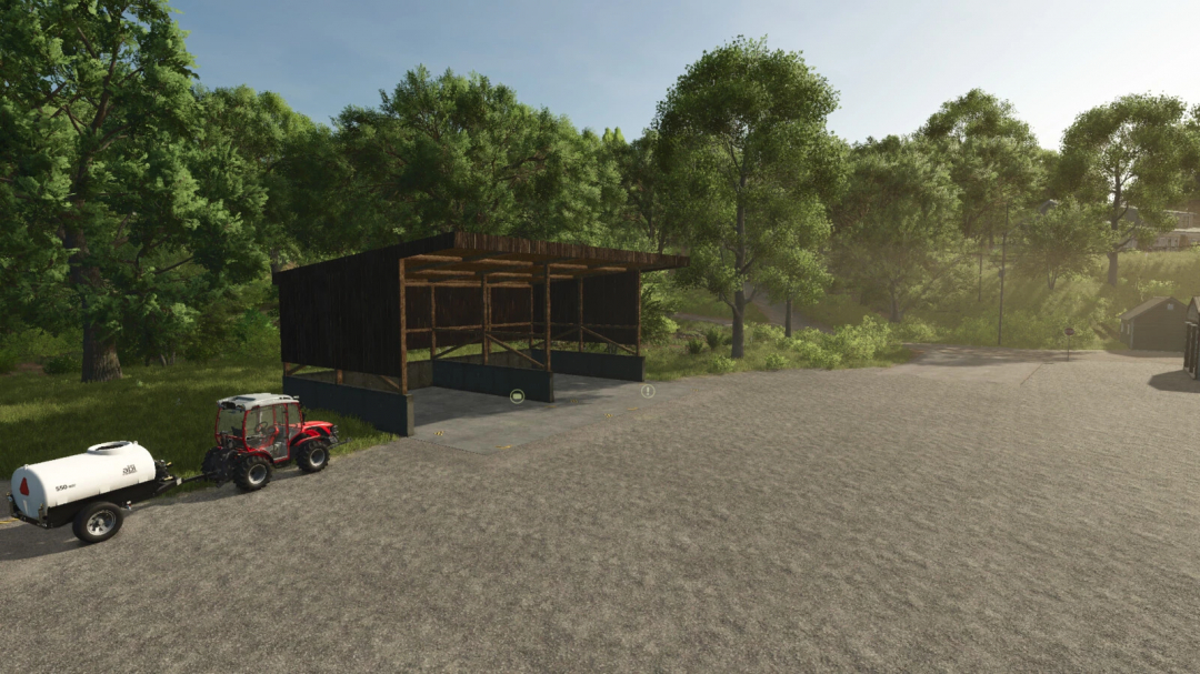 Bale Storage mod in FS25 showing a wooden shed and tractor trailer on a farm.