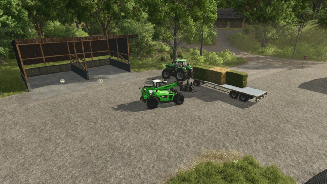 Bale Storage mod in Farming Simulator 25 with tractors and trailer loaded with hay bales.