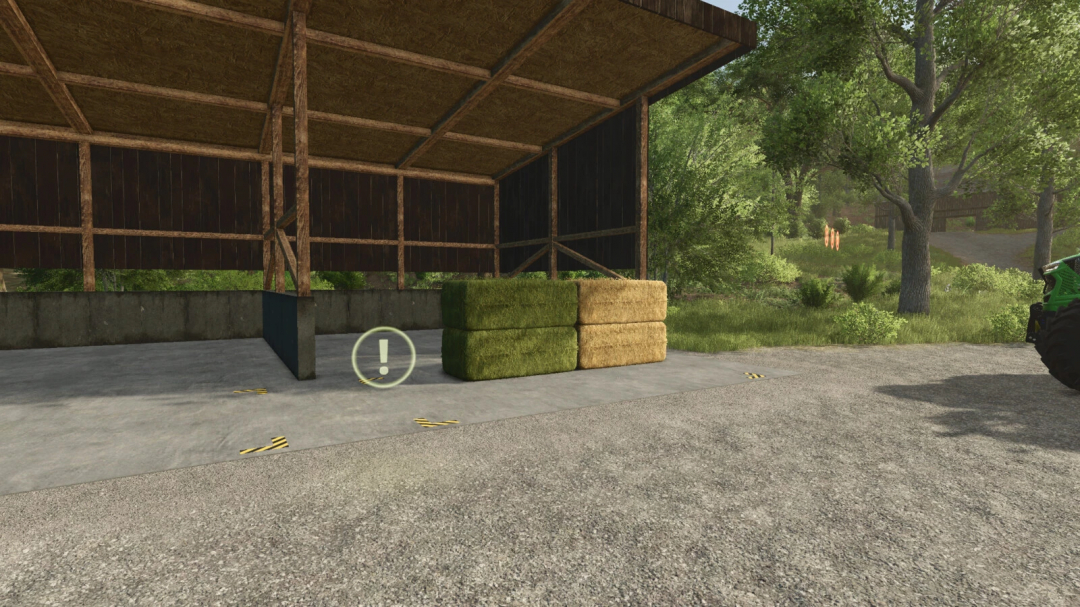 Bale Storage v1.0.0.0 mod in FS25 showing hay bales under a shed.