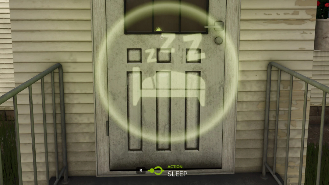 FS25 mod Better Context Actions: sleep action icon on door.