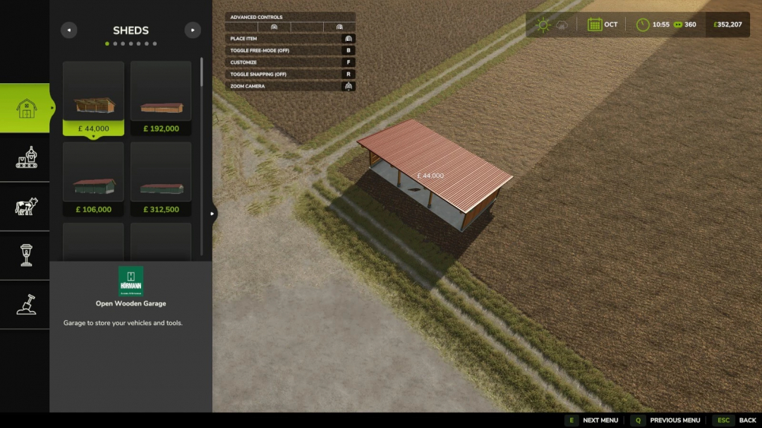 FS25 mod menu showing shed prices and placement options in Farming Simulator 25.