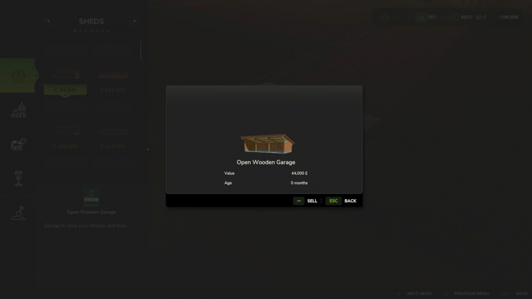 FS25 mod menu displaying Open Wooden Garage details and sell option.