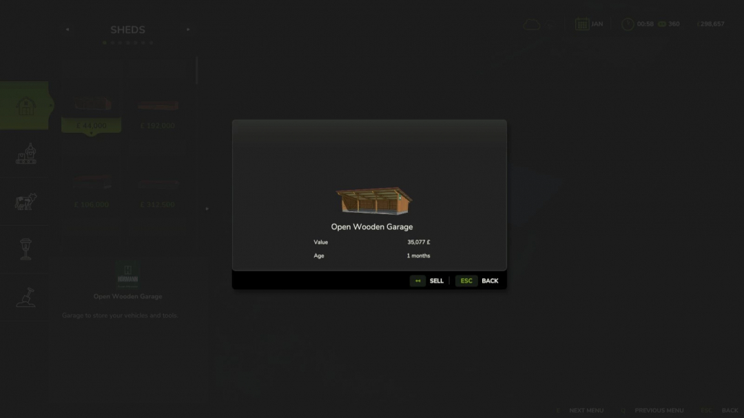 FS25 mod interface showing Open Wooden Garage sell price in Farming Simulator 25.